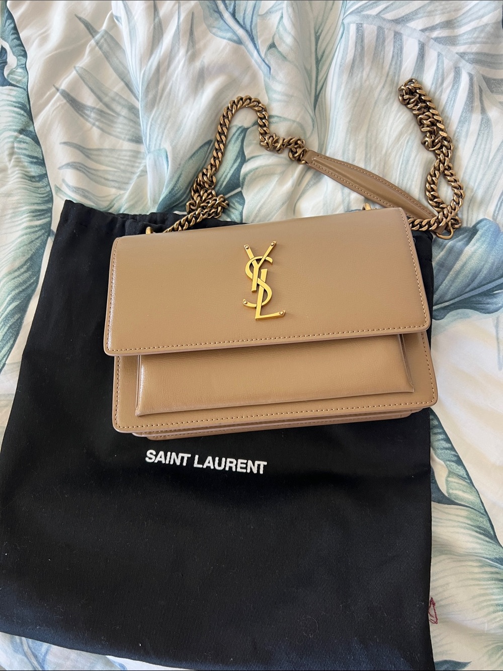 YSL Sunset Taupe Leather Chain Shoulder Bag with Gold YSL Logo